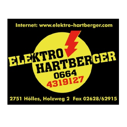 Schwarzes Schild mit gelbem Text, 'Elektro Hartberger', Telefonnummer 4319127, Adresse 2751 Holles, Holzweg 2, Fax 02628/62915, Website www.elektro-hartberger.com.