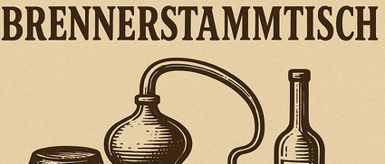 Illustration eines traditionellen Destillationsapparats mit der Aufschrift Brennerstammtisch, einem Glas und einer Flasche.