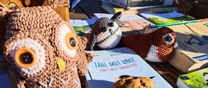 Auf einem Holztisch sind verschiedene Gegenstände ausgestellt, darunter ein Buch mit dem Titel 'Zaehl Mit Uns!' und drei gehäkelte Tiere. Das Buch ist aufgeschlagen auf eine Seite mit einem schwarzen Vogel, einem Keks und einer roten Beere.