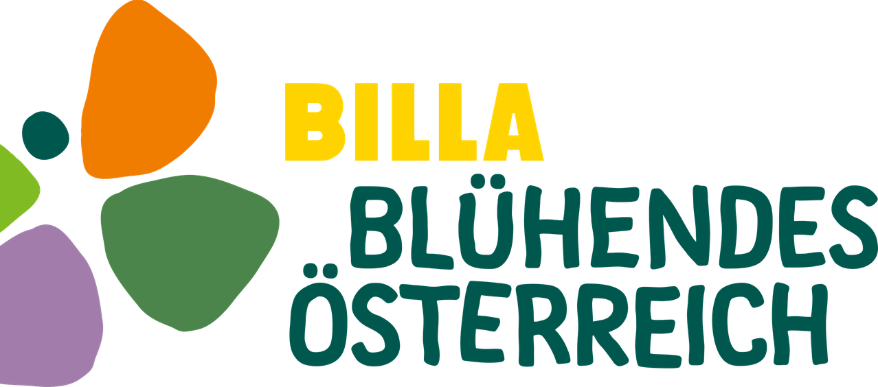 Das Bild zeigt das Wort BILLA in Gelb und Blau und das Wort BLUHEH OESTERR in Grün auf einem schwarzen Hintergrund.