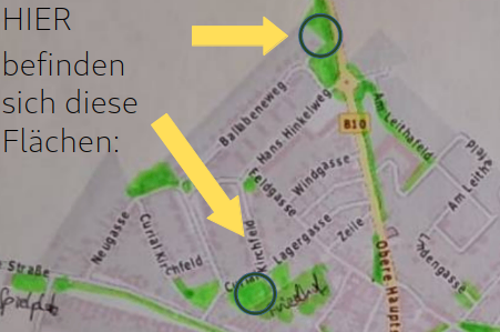 Eine Karte zeigt zwei umkreiste Bereiche mit den Bezeichnungen 'HIER befinden sich diese Flächen' und weist mit Pfeilen darauf hin.