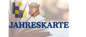 Ein Banner zeigt das Wort 'Jahreskarte' über einem offenen Buch mit einem Wappen in der Mitte.