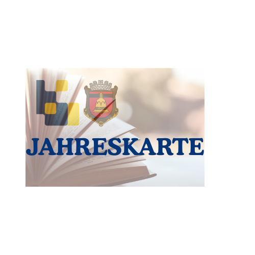 Ein Banner zeigt das Wort 'Jahreskarte' über einem offenen Buch mit einem Wappen in der Mitte.