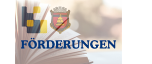 Ein offenes Buch mit dem Titel 'FORDERUNGEN', mit einem Logo, das eine Glocke und einen Schild in der Mitte zeigt. Der Hintergrund ist unscharf.