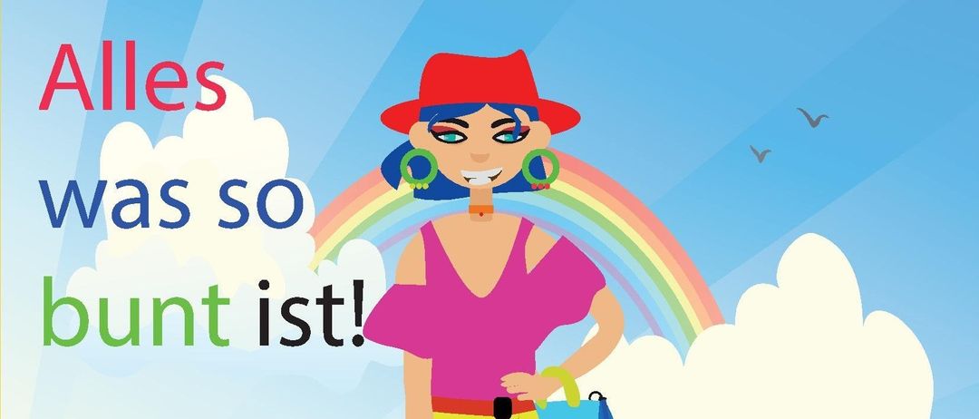 Eine Frau mit einem roten Hut steht auf einer Wiese mit Tieren. Der Text über ihr lautet 'Alles was so bunt ist!'. Hinter ihr ist ein Regenbogen. Zu den Tieren gehören ein Schwein, ein Schaf, ein Bär, ein Faultier und eine Libelle.