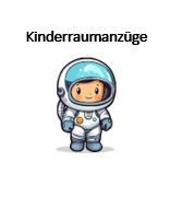 Ein fröhlicher Cartoon-Astronaut trägt einen weißen und blauen Raumanzug mit einem gelben Knopf auf der Brust. Über dem Astronauten steht das Wort 'Kinderraumanzuge' in Fettdruck.