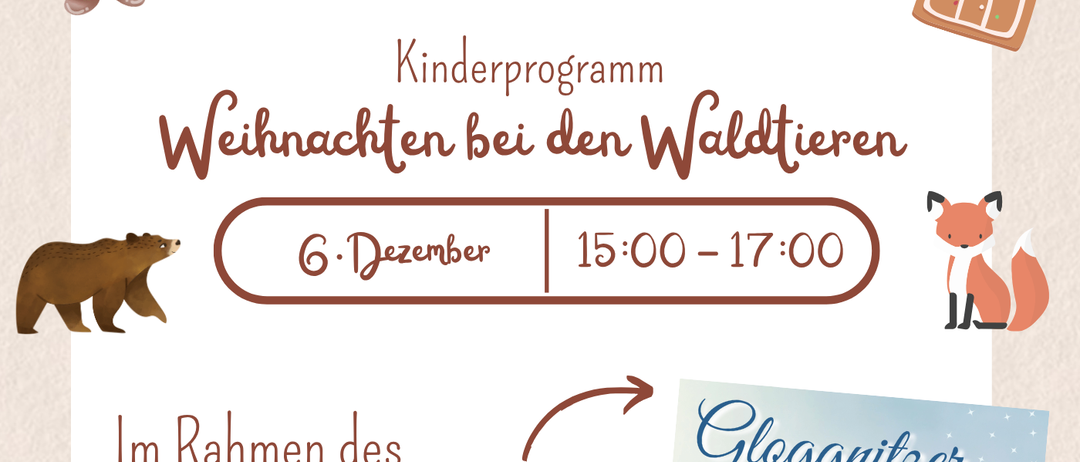 Plakat für ein Weihnachtsprogramm mit Waldtieren, einschließlich eines Hexenhauses, Gnom, Bär und Fuchs. Die Veranstaltung findet am 30. November und 6. Dezember statt.
