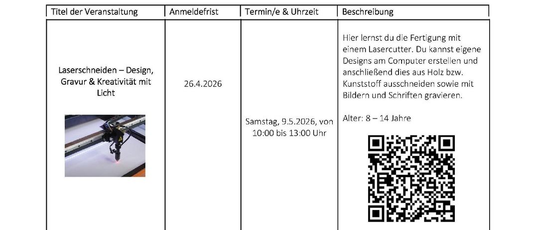 Workshops für Kinder in der Stadtbücherei Gloggnitzer. Science Afternoon bietet vielfältige Aktivitäten für die ganze Familie. Laserschneide-Workshop am 26.04.2026 von 10:00 bis 13:00 Uhr. Altersgruppe: 8-14 Jahre. Lernen Sie, Designs mit einem Lasercutter zu erstellen.