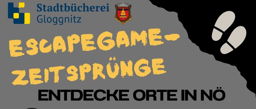 Plakat für die Veranstaltung 'Zeitsprunge'. Teams von 4-6 Personen, ab 13 Jahren, für eine einstündige Aktivität. Kontaktieren Sie die Stadtbibliothek Glognitz. Termine: 5. und 6. März 2026. Beinhaltet einen Rucksack, Bücher und andere Gegenstände.