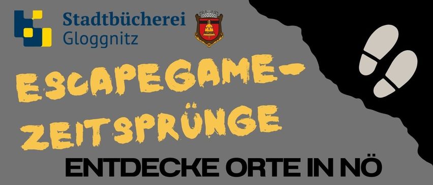 Veranstaltungsposter für ein Zeitsprung-Abenteuer. Teams von 4-6 Personen, ab 13 Jahren, können in der Gloggnitz Bibliothek buchen. Termine: 9. bis 13. März 2026. Gegenstände beinhalten einen Rucksack, ein Buch und mehr.