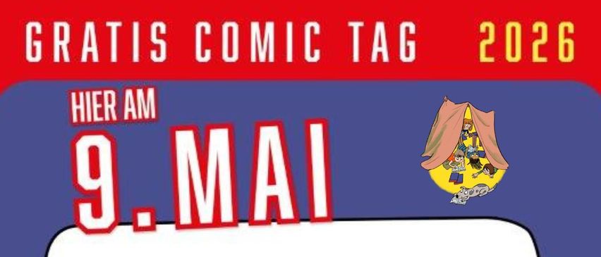 Das Poster bewirbt eine Comic-Erstellungsveranstaltung in der Stadtbücherei Gloggnitz. Gestalte deinen eigenen Comic und hole dir einen gratis Comic ab. Besuche am 9. Mai von 15-17 Uhr.
