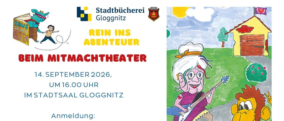 Ein Plakat für eine Kindertheaterveranstaltung im September 2026. Es zeigt eine Karikatur einer älteren Frau, die Gitarre spielt. Anmeldeinformationen sind angegeben.