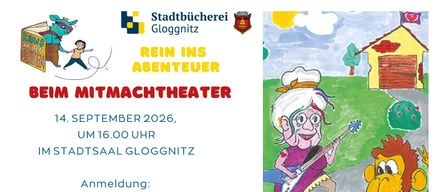 Ein Plakat für eine Kindertheaterveranstaltung im September 2026. Es zeigt eine Karikatur einer älteren Frau, die Gitarre spielt. Anmeldeinformationen sind angegeben.