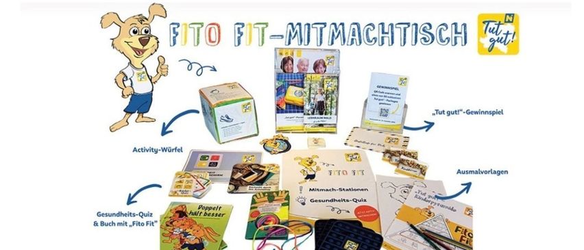 Plakat mit Cartoon-Hund, der Daumen hochhält. Veranstaltung "Mitmachen zur mentalen Gesundheit" während der Öffnungszeiten, 8.-12. Juni, in der Bücherei. Informationen zu Ernährung, Aktivität und "Tut gut!"-Bewegung. Beinhaltet ein Quiz, Aktivitätsblätter und einen "Tut gut!"-Preis.