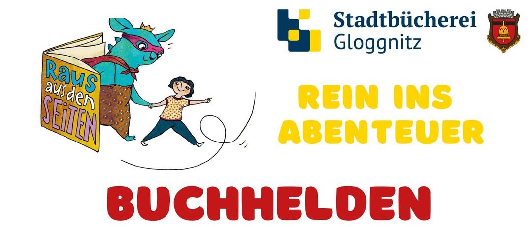 Ein Plakat für eine Sommerveranstaltung für Kinder, mit Zeichentrickfiguren und einer Lupe. Es verspricht, die Spuren unserer Buchhelden zu entdecken.