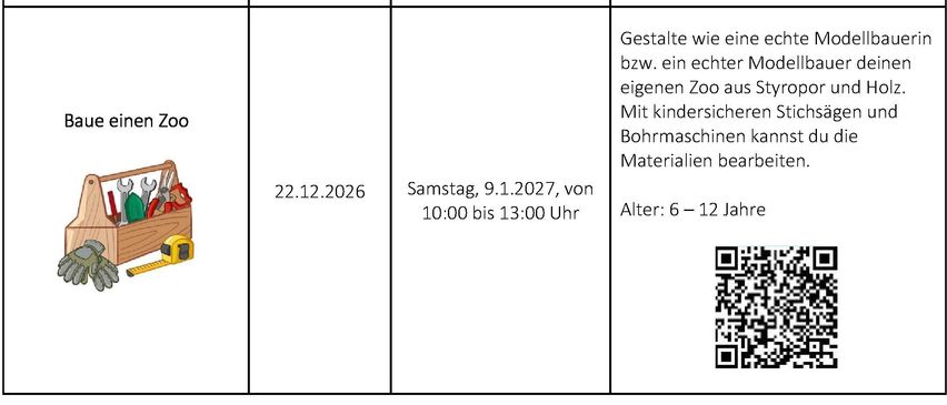 Eine Tabelle mit drei Spalten und zwei Zeilen. Die linke Spalte hat das Datum '22.12.2026', die mittlere Spalte hat den Text 'Samstag, 9.1.2027, von 10:00 bis 13:00 Uhr' und die rechte Spalte hat den Text 'Alter: 6'.