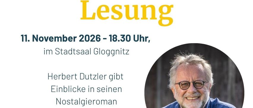 Plakat für eine Lesung mit Herbert Dutzler, mit Foto, Datum und Kontaktinformationen.