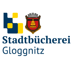 Das Logo der Stadtbuecherei Glognitz zeigt ein blaues und gelbes Quadrat mit einer Glocke, umgeben von einem roten und goldenen Schild.