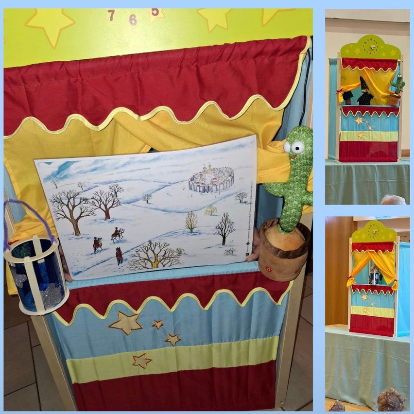 A collage shows a puppet theater with a snowy landscape picture, a cactus puppet, and a small stage. The backdrop is colorful with stars and numbers.