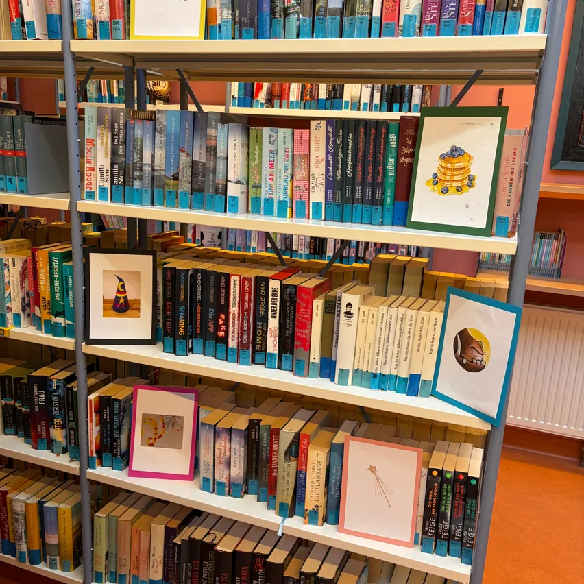 Ein Bücherregal in einer Bibliothek mit Büchern, einige mit farbenfrohen Rahmen, und einem weißen Heizkörper an der Wand.