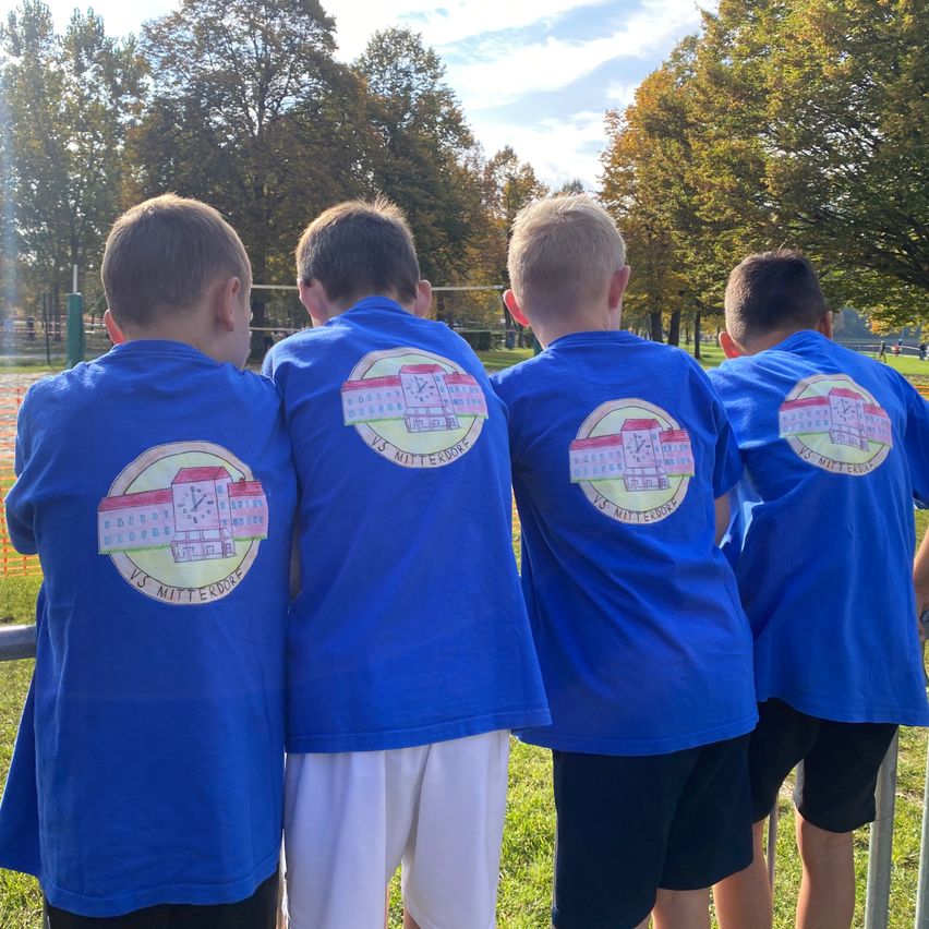 Vier Jungen in blauen T-Shirts stehen in der Nähe eines Zauns und blicken über eine Rasenfläche. Auf ihren T-Shirts steht VS Mitterdorf. Bäume und ein Volleyballnetz sind im Hintergrund zu sehen.