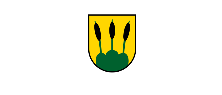 Ein Schild mit gelbem Hintergrund und drei grünen Schilfrohren auf einem grünen Blatt.