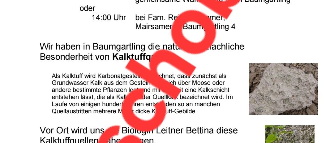 Plakat für eine geführte Wanderung in Baumgartling am 5. Oktober 2025 mit Angaben zu Treffpunkten und Zeiten. Die Veranstaltung zeigt natürliche Kalktuffhöhlen, geleitet von Bettina. Bilder von Höhlen und Felsen sind enthalten.