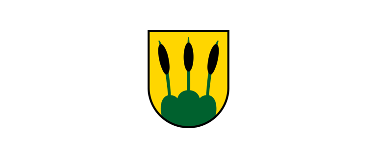 Ein gelber Schild mit drei grünen Schilfrohren und einem grünen Blatt in der Mitte.