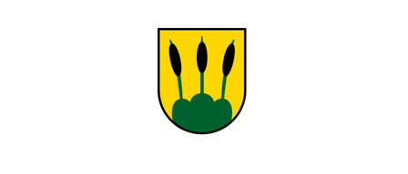 Ein Schild mit gelbem Hintergrund und drei grünen Blättern oder Schilfrohr.