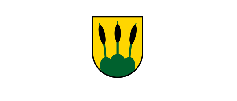 Ein Schild mit gelbem Hintergrund und drei grünen Blättern oder Schilfrohr.