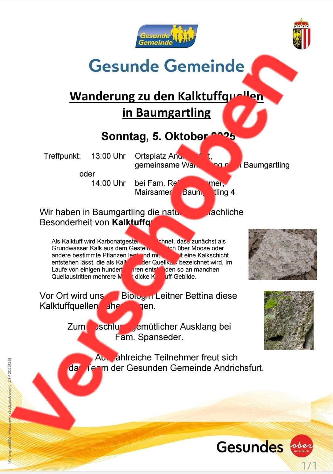 Plakat für eine geführte Wanderung zu den Kalktuffquellen in Baumgartling. Geplant für Sonntag, 5. Oktober, trifft man sich um 13:00 Uhr am gemeinsamen Wassereinlass. Die Wanderung erforscht Baumgartlings natürliche Kalktuffquellen, geleitet von der Biologin Bettina. Der Abschluss erfolgt mit einer Verkostung lokaler Produkte bei Fam. Spanseder.