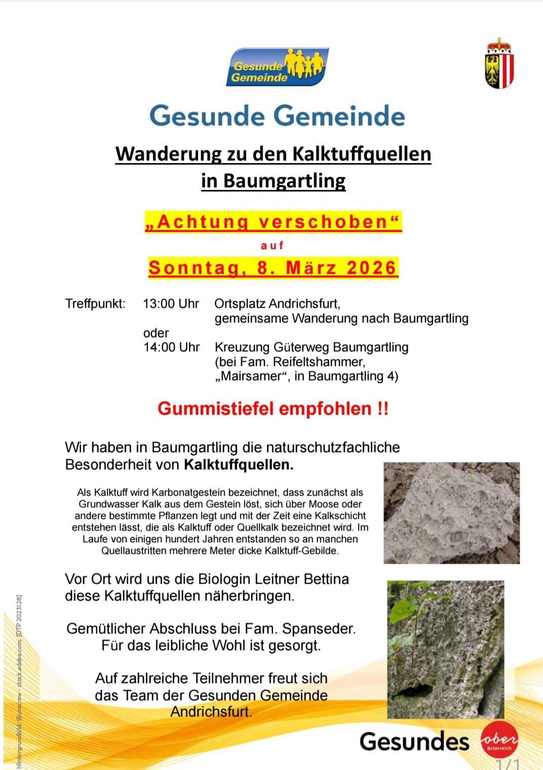 Das Bild ist ein Plakat über eine geführte Wanderung zu Kalktuffquellen in Baumgartling, geplant für den 8. März 2026. Es gibt Treffpunkte und Zeiten an, mit einer optionalen Süßigkeit. Das Plakat betont die natürliche Bedeutung der Kalktuffquellen.