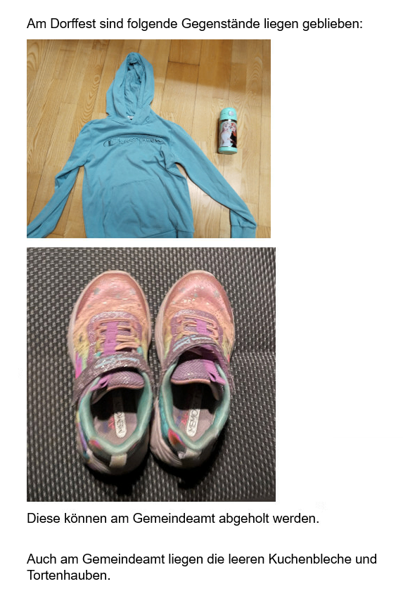 Eine blaue Kapuzenjacke und ein kleiner Behälter mit einem Bild von zwei Personen darauf liegen auf einem Holzboden. Darunter befinden sich ein Paar bunte Turnschuhe mit etwas Schmutz auf einer grauen Oberfläche.