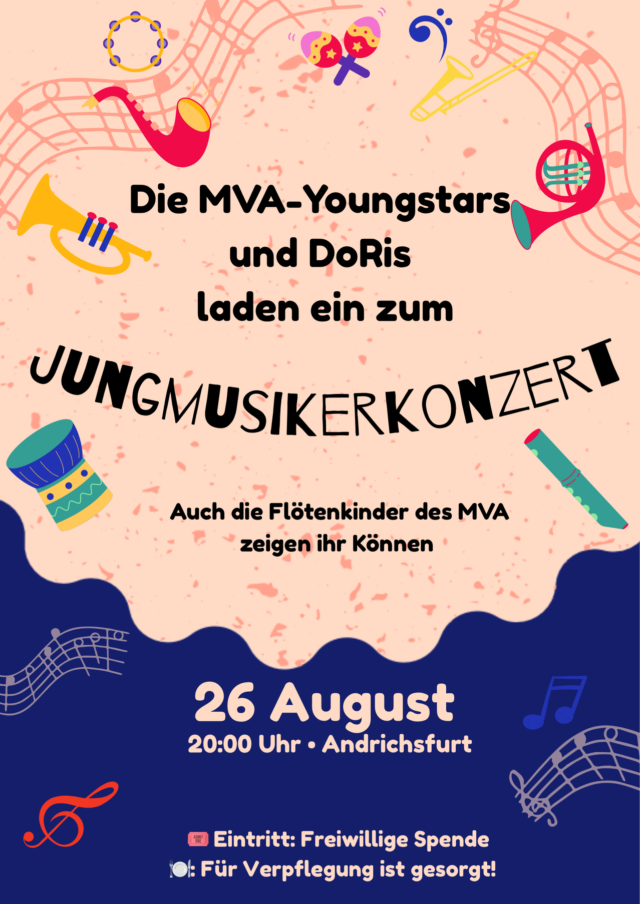 Plakat für ein Konzert junger Musiker mit Trompeten, Flöten und Trommeln auf blauem und rosa Hintergrund. Das Event findet am 26. August um 20:00 Uhr in Andrichsfurt statt.