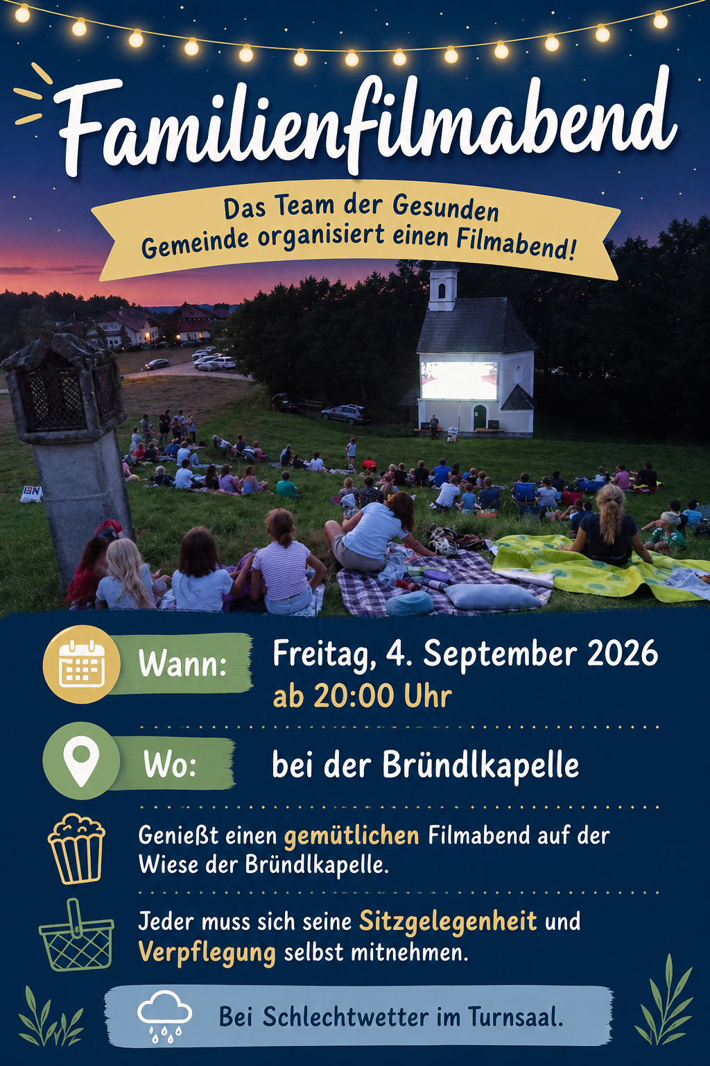 Plakat für einen Filmabend der Gemeinde am 4. September 2026 um 20:00 Uhr bei der Brundlkapell. Leute sitzen auf dem Gras und schauen einen Film auf einer Leinwand.