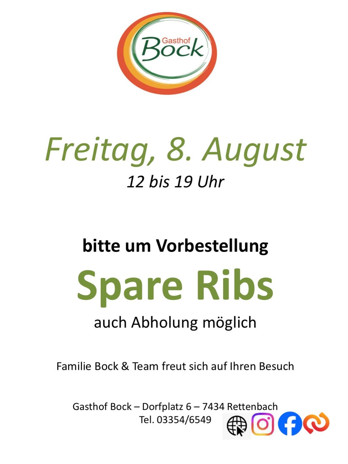 Plakat für Spare-Ribs-Veranstaltung am Freitag, 8. August von 12 bis 19 Uhr. Reservierung und Abholung möglich. Veranstaltet von Familie Bock.