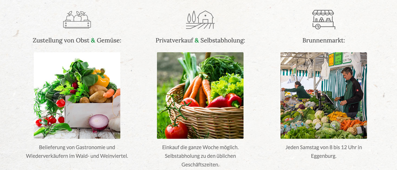 Ein Bild zeigt frisches Gemüse in einem Korb und eine Person, die auf einem Markt einkauft. Ein anderes Bild zeigt eine Person, die Gemüse aufhebt.