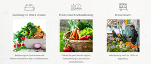 Ein Bild zeigt frisches Gemüse in einem Korb und eine Person, die auf einem Markt einkauft. Ein anderes Bild zeigt eine Person, die Gemüse aufhebt.