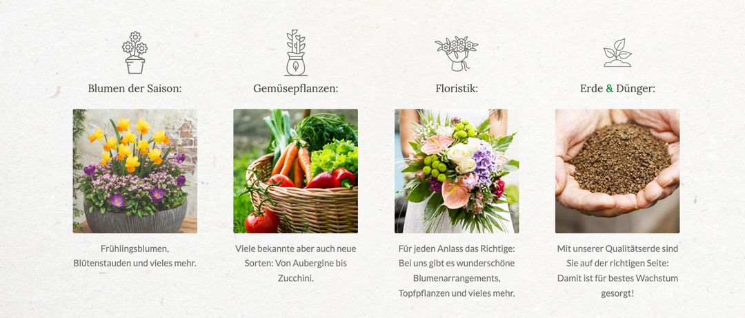 Eine Sammlung bekannter und neuer Gemüsepflanzen: Von Aubergine bis Zucchini. Floristik: Die richtige Wahl für jeden Anlass: Unsere atemberaubenden Blumenarrangements, Topfpflanzen und vieles mehr.