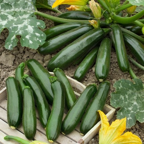 Frische grüne Zucchinis und gelbe Blumen in einem Garten, auf Holzkisten und Erde ausgestellt.