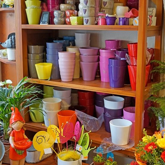 Ein Holzregal zeigt farbenfrohe Töpfe, Blumen und eine kleine Gnomfigur, mit Topfpflanzen und Blumen, die um das Regal herum angeordnet sind.