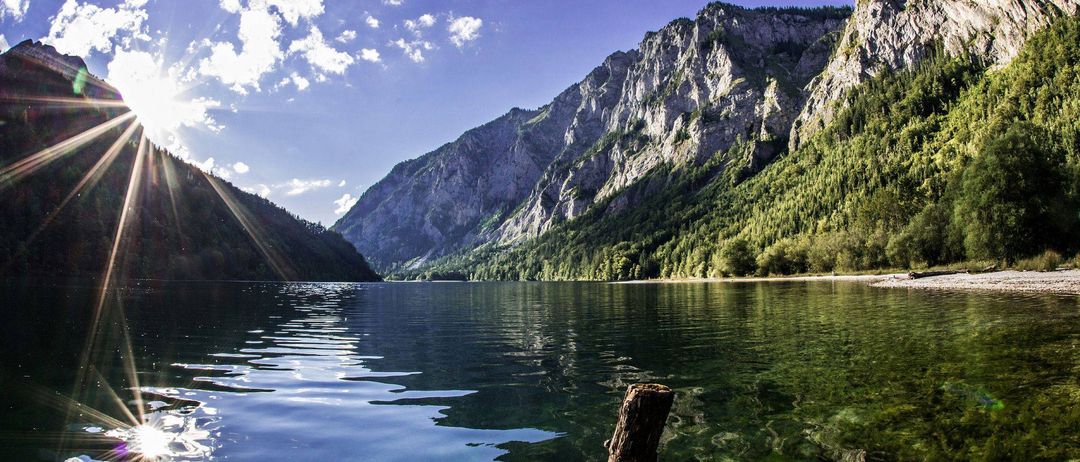 Ein ruhiger Bergsee unter einem klaren blauen Himmel, mit einem teilweise im Wasser eingetauchten Baumstumpf, der den Himmel und die Wolken reflektiert.