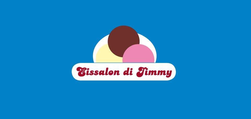 Ein blauer Hintergrund mit drei Eiswaffeln, die aufeinandergestapelt sind. Der Text darunter lautet Eissalon di Jimmy.