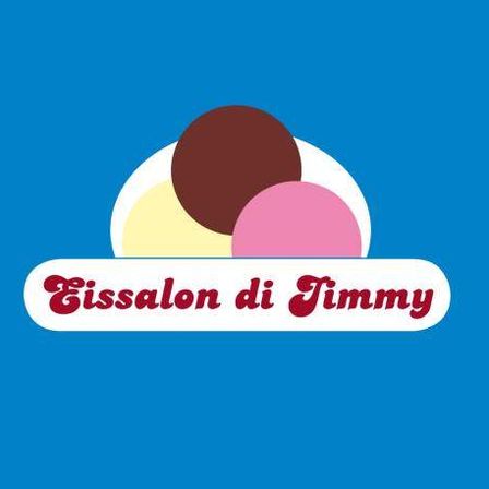 Ein blauer Hintergrund mit drei Eiswaffeln, die aufeinandergestapelt sind. Der Text darunter lautet Eissalon di Jimmy.