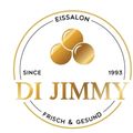 Das Logo für Di Jimmy Eissalon zeigt ein kreisförmiges Design mit drei goldenen Kugeln und den Worten 'Eissalon Di Jimmy'. Das Unternehmen wurde 1993 gegründet und legt Wert auf 'Frisch & Gesund'.