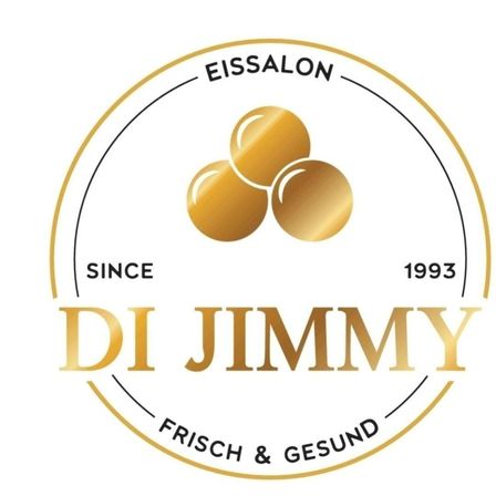 Das Logo für Di Jimmy Eissalon zeigt ein kreisförmiges Design mit drei goldenen Kugeln und den Worten 'Eissalon Di Jimmy'. Das Unternehmen wurde 1993 gegründet und legt Wert auf 'Frisch & Gesund'.