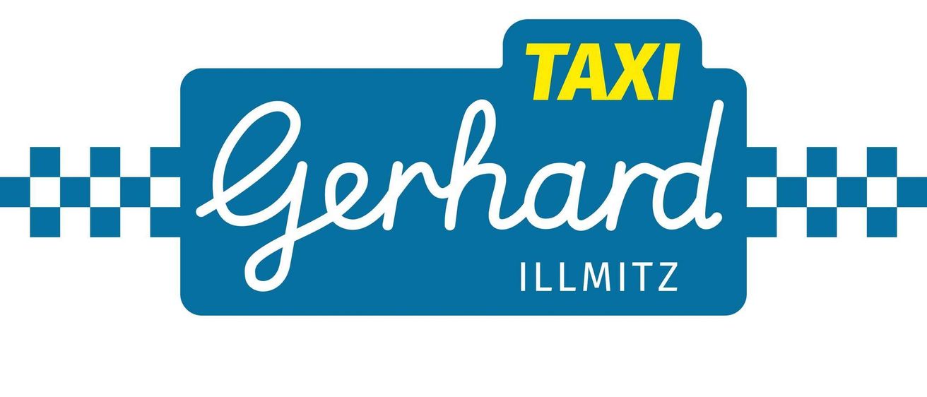 Blaues und weißes Schild mit dem Wort 'Taxi' und dem Namen 'Gerhard' in weißer Schrift, darunter steht 'Illmitz'. Der Hintergrund ist kariert.