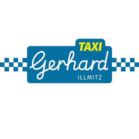Das Taxi Gerhard Logo ist blau mit weißem Text. Es zeigt einen blauen rechteckigen Hintergrund mit weißen Rändern und einem blauen Karomuster. Das Wort "Taxi" ist in Gelb und "Gerhard" in Weiß geschrieben. Darunter steht der Name der Stadt Illmitz, ebenfalls in Weiß.