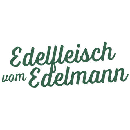 Grüner Text auf weißem Hintergrund mit 'Edelweiss vom Edelmann'. Das Wort 'Edelweiss' ist in einer fließenden Schrift geschrieben.