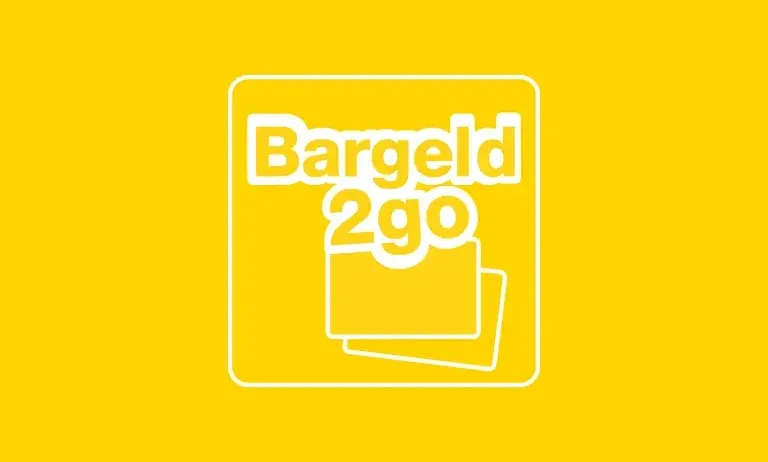 Gelbes Quadrat mit weißem Rand, das die Worte 'Bargeld 2go' in weißem Text und ein Bild eines Dokuments enthält.